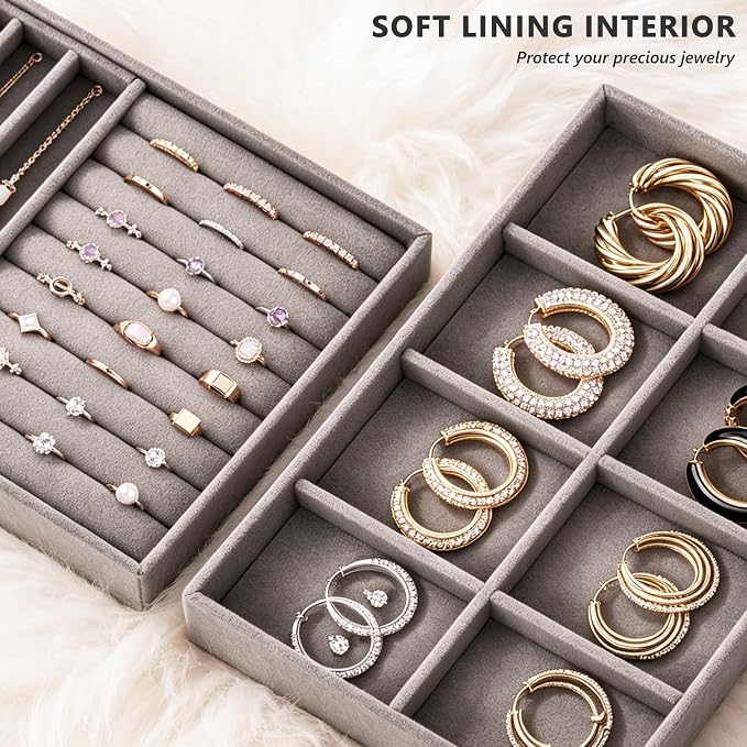 Jewelry Organizer for Drawer, Velvet Jewelry Drawer Organizer Inserts, 4-Layer Grey Stackable Jewelry Trays for Rings Earrings Necklaces Bracelets with Removable Dividers for Dresser Vanity