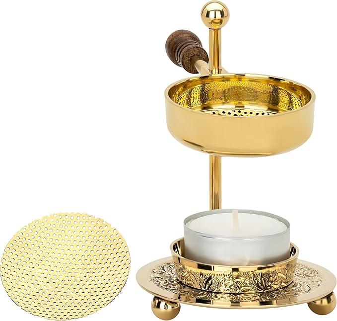 Handcrafted Adjustable Resin Incense Burner in Golden Brass with Wooden Handle – Premium Quality Incense Holder with Tealight (4.33 inch) for Aromatherapy and Unique Smoking Experience
