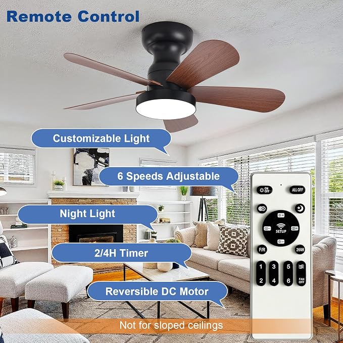 Depuley Small Ceiling Fan with Lights: 28-Inch Flush Mount Fan with Light and Remote - Low Profile Ceiling Fans Reversible Quiet DC Motor for Bedroom Living Room Indoor Outdoor, Walnut