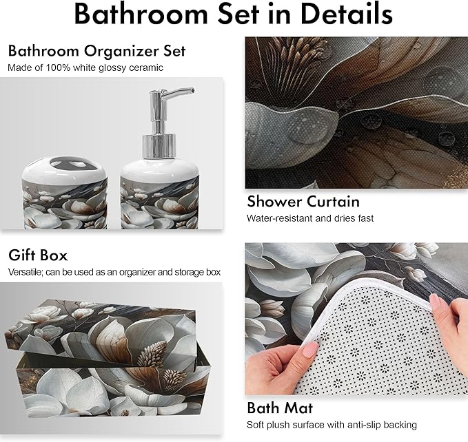 Ambesonne Brown Bathroom Decor Set 4 Pcs Including Shower Curtain with Hooks Bath Mat Soap Dispenser Toothbrush Holder in Box Essentials & Accessories, Magnolia Watercolor, White Dark Grey Chocolate