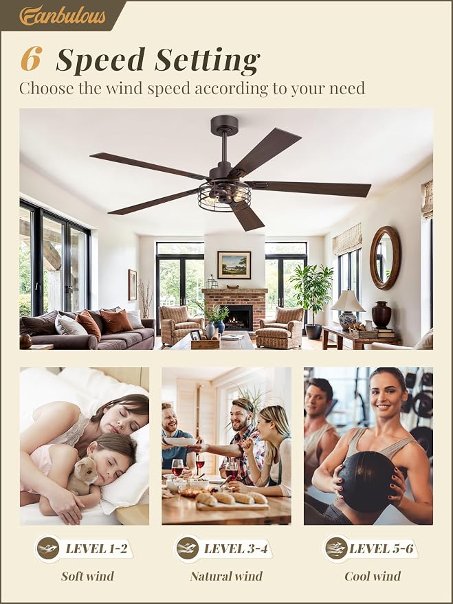 Fanbulous 1 Pack Farmhouse 60 Inch Ceiling Fans with Lights, Industrial Caged Ceiling Fans for Bedroom Living Room, Double-Sided 5 Blades Rustic Ceiling Fan-Oil Bronze