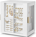 VLANDO 360° Rotating Jewelry Box with 5 Drawers, Large Jewelry Storage with 2 Glass Window, PU Leather Jewelry Organizer for Bracelets, Necklaces, Earrings, Rings - White