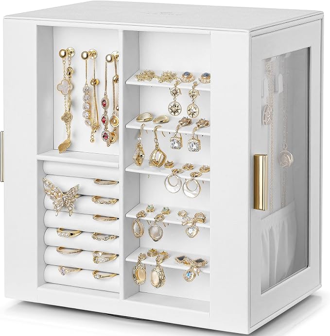 VLANDO 360° Rotating Jewelry Box with 5 Drawers, Large Jewelry Storage with 2 Glass Window, PU Leather Jewelry Organizer for Bracelets, Necklaces, Earrings, Rings - White