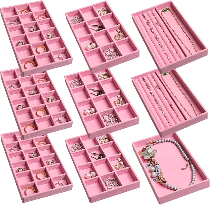Frebeauty Jewelry Trays for Drawer,Set of 9 Jewelry Organizer and Storage | Velvet Material,Earring Holder Organizer,Stackable Jewelry Display for Vanity,Drawer Inserts for Rings,Studs,8.3×4.9 inch