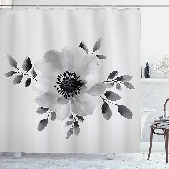 Ambesonne Flower Shower Curtain, Watercolor Image of Single Plant and Leaves Abstract Botany Design Modern Artwork, Cloth Fabric Bathroom Decor Set with Hooks, 69" W x 70" L, Pale Grey