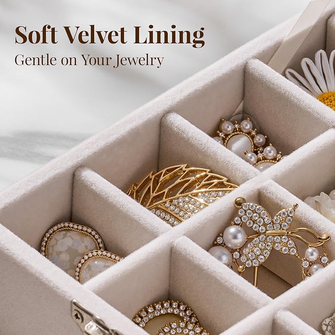 48 Grid Earring Organizer and Storage: Velvet Jewelry Tray with Lid, Jewelry Box for Studs, Earrings, Rings, Necklaces, Dresser & Vanity, Earrings Case for Girls, Women, 13"x8.6"x2.4", Beige