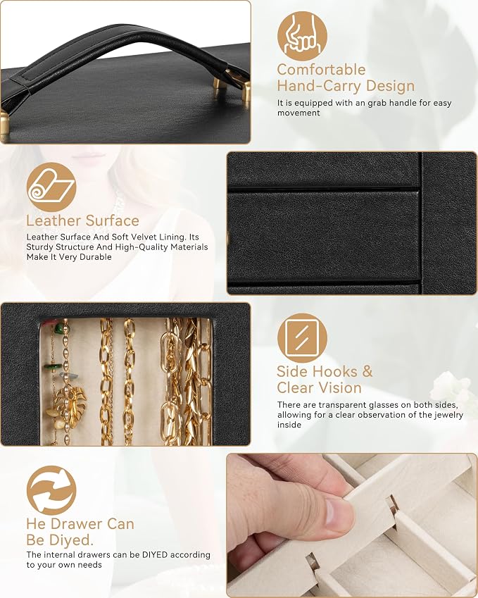AKOZLIN 6-Tier Jewelry Box Organizer Functional 5 Drawers Leather Jewelry Storage Case for Women Girls Ring Necklace Earring Bracelet Holder Organizer with Mirror Black 360° Rotating