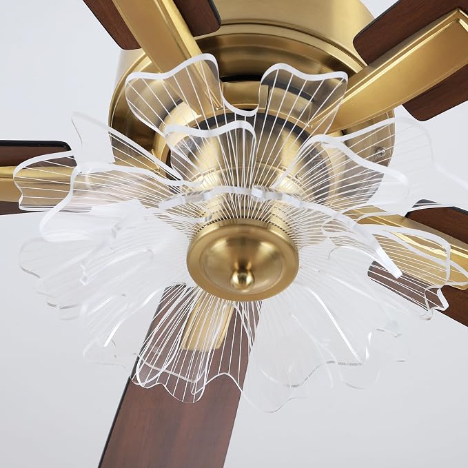 52 Inch Gold Ceiling Fans with Lights and Remote, Modern PS Petal Crystal Black and Gold Ceiling Fan for Bedroom Living Room Apartment 3CCT Dimmable Indoor Room Chandelier, 6 Speeds DC Motor