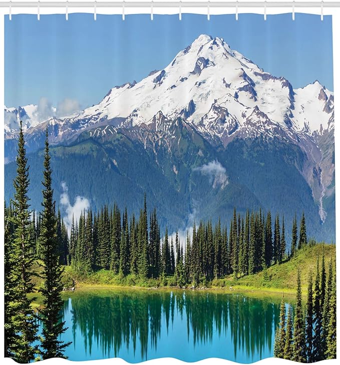 Ambesonne Landscape Shower Curtain, Lake and Snowy Glacier Peak in USA Tall Pine Tree Forest Illustration, Cloth Fabric Bathroom Decor Set with Hooks, 69" W x 75" L, White Green and Blue