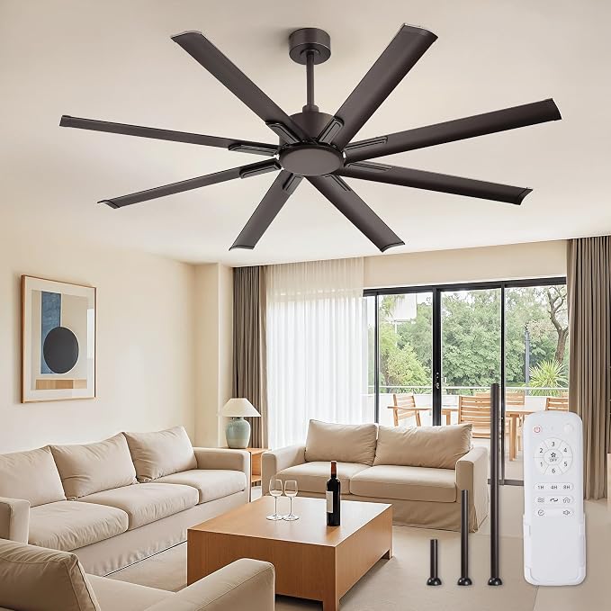 ZMISHIBO 65 Inch Industrial DC Motor Ceiling Fan, Large Ceiling Fan with 8 Reversible Blades, 3 Downrods, 6-Speed Remote Control, Home or Commercial Ceiling Fans for Porch/Garage/Shop, Oil-bronze