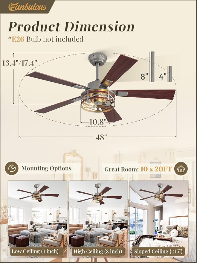 Fanbulous Farmhouse Ceiling Fans with Light, 48 Inch Bedroom Ceiling Fan with Lights, 6-Speed Adjustable, Quiet and Reversible DC Motor, 5 Dual Finish Blades, Rustic Caged Ceiling Fan，Brushed Nickel