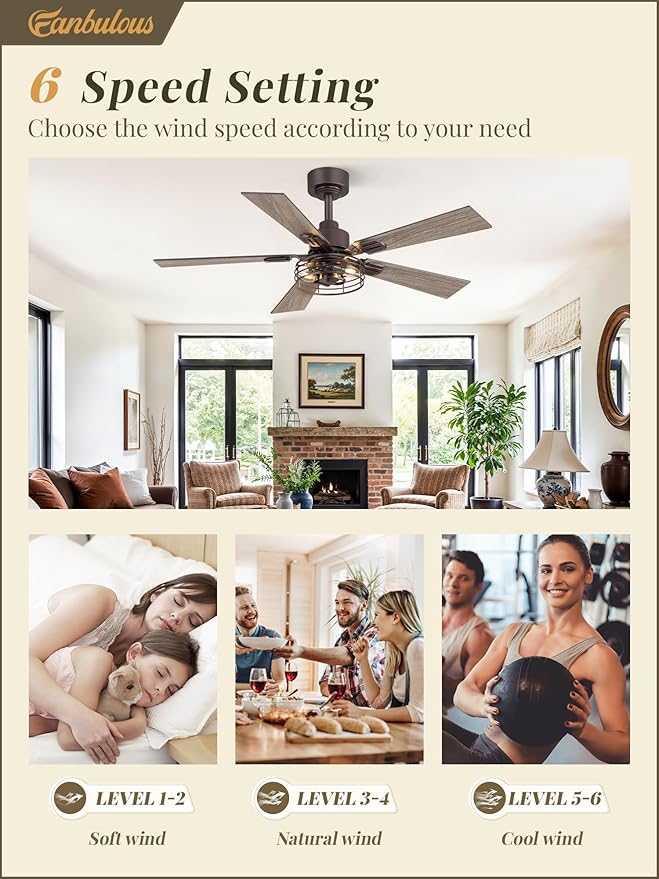 Fanbulous 1 Pack Farmhouse 42 Inch Ceiling Fans with Lights, Industrial Caged Ceiling Fans for Bedroom Living Room, Double-Sided 5 Blades Rustic Ceiling Fan-Oil Bronze