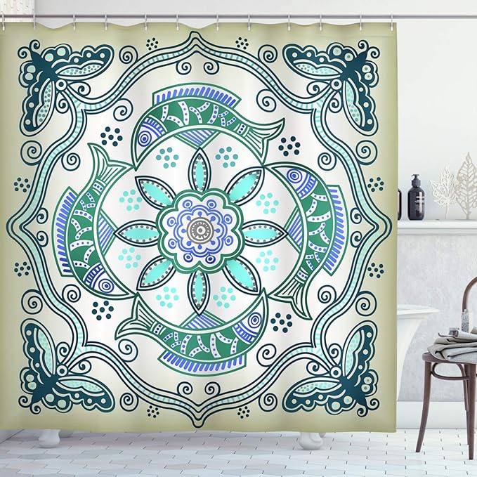 Ambesonne Shower Curtain, Victorian Butterfly Image, Cloth Fabric Bathroom Decor Set with Hooks, 69" W x 75" L, Blue Beige