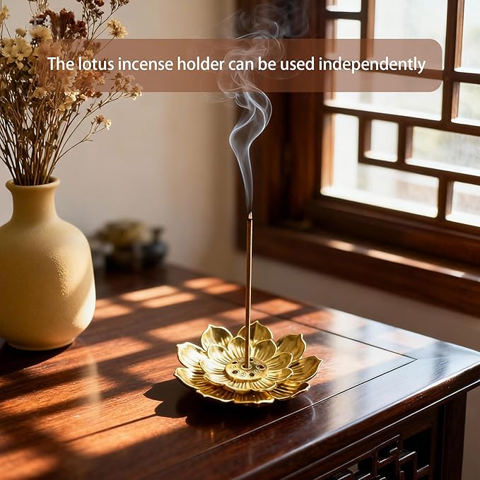 Ceramic Incense Burner, Bowl Burner,Cone Incense Burner with Brass lid for use with Stick or Cone-Shaped Incense，Lotus Incense Stick Holder Calabash Incense Stick Holder, 3pc (Fambe Blue)