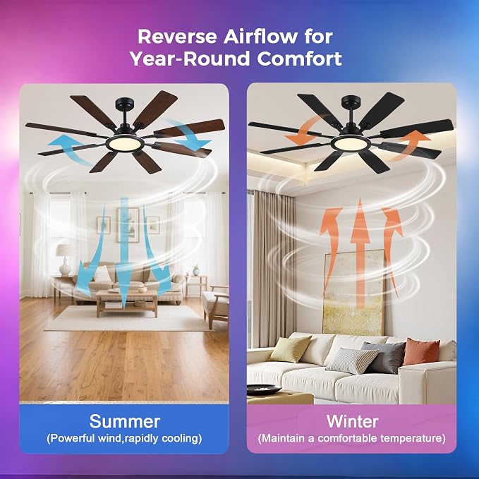 Ceiling Fan With Light & Remote Indoor/Outdoor Use 60 Inch RGB Brown | Remote Control,RGB Dimmable,Reversible DC Motor,3CCT,Timer,Noiseless,Ceiling Fan for Bedroom Living Room