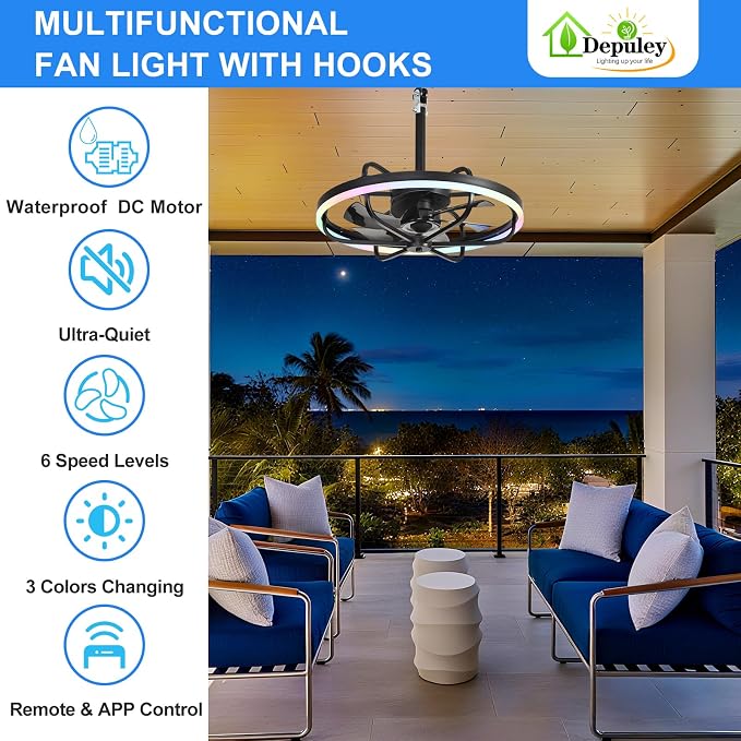 Depuley 20" Outdoor Ceiling Fan with Light: RGB Waterproof Gazebo Hanging Fan with Remote App Control - Dimmable Plug in Caged outdoor Ceiling Fans for patios Porch 6 Speeds