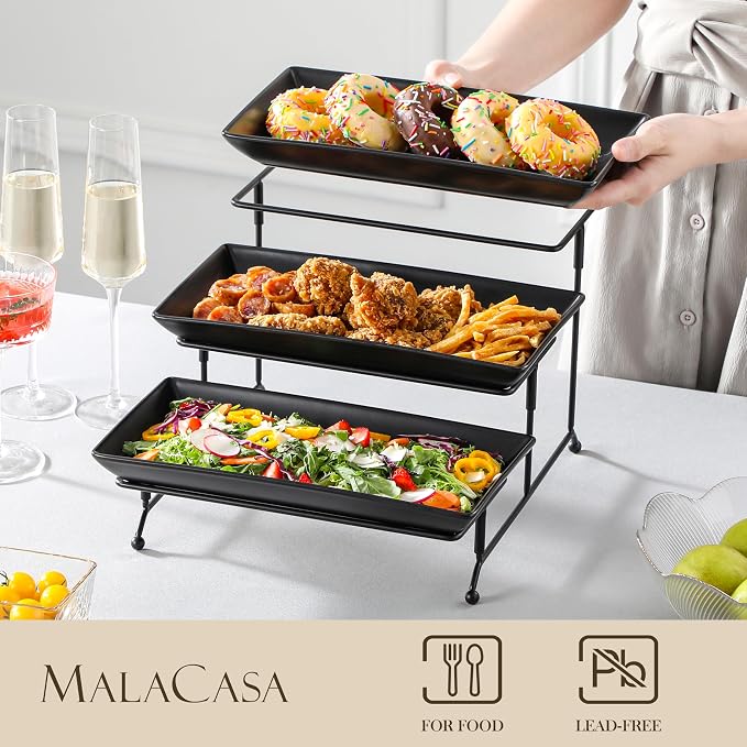MALACASA 3 Tier Serving Tray, Porcelain Tiered Serving Trays Platters, 12 Inch Serving Stand with Platters,Black Dessert Stand with Collapsible Sturdier Metal Rack,Series PLAT | Tiered Serving Stand for Party, Fruit Tray, Trays for Serving Food, Desser...