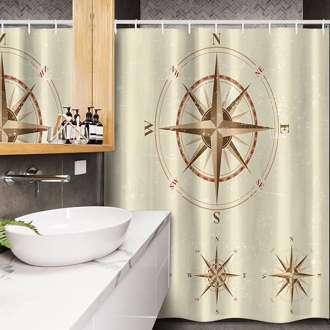 Ambesonne Compass Stall Shower Curtain, 4 Different Compasses in Retro Colors Discovery Equipment Where Nautical Marine, Fabric Bathroom Decor Set with Hooks, 54" W x 78" L, Beige Tan