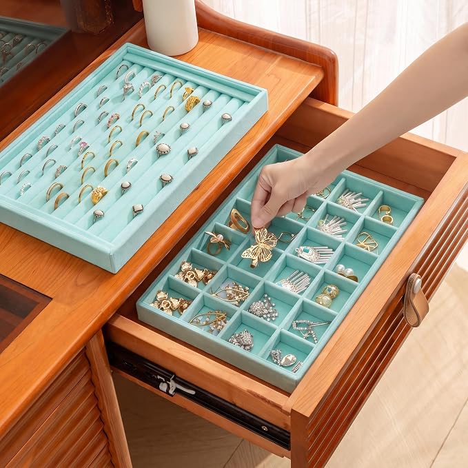 Frebeauty Jewelry Trays for Drawer,Set of 4 Jewelry Organizer and Storage | Velvet Material,Stackable,Adjustable Dividers,Drawer Inserts for Rings Studs Bracelet,Earring Organizer for Women Girls