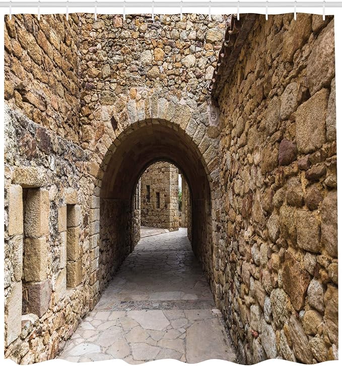 Ambesonne Vintage Shower Curtain, Medieval Historic Street with Stone Walls in Pals Girona Catalonia Spain Picture, Cloth Fabric Bathroom Decor Set with Hooks, 69" W x 70" L, Beige