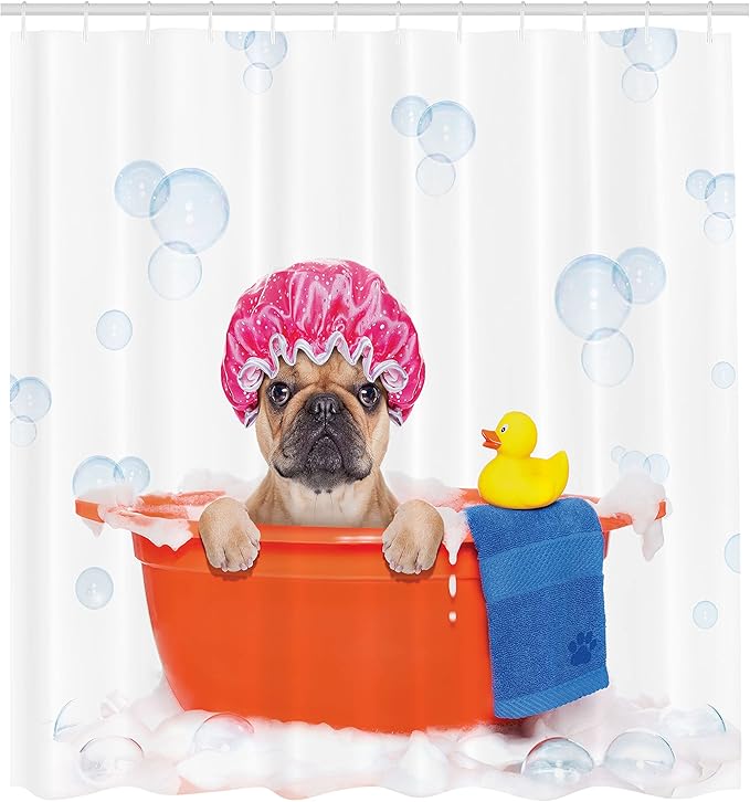 Ambesonne Dog Lover Shower Curtain, French Bulldog Having a Bath in Tub Rubber Duck Theme on Bubbles Background, Cloth Fabric Bathroom Decor Set with Hooks, 69" W x 70" L, Orange Pink