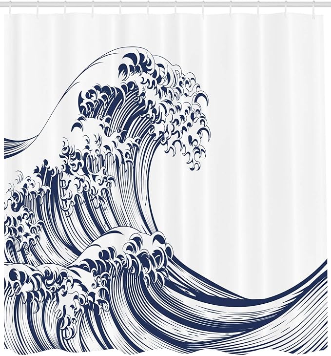 Ambesonne Japanese Wave Shower Curtain, Oriental Vintage Wave Monochrome Kanagawa Inspired Antique Art, Cloth Fabric Bathroom Decor Set with Hooks, 69" W x 70" L, Navy Blue