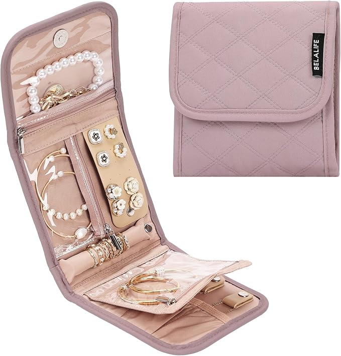 BELALIFE Travel Jewelry Case, Jewelry Organizer Roll for Accessories | Bag with foldable roll design for earrings, necklaces, rings, bracelets and brooches,Peach-Pink