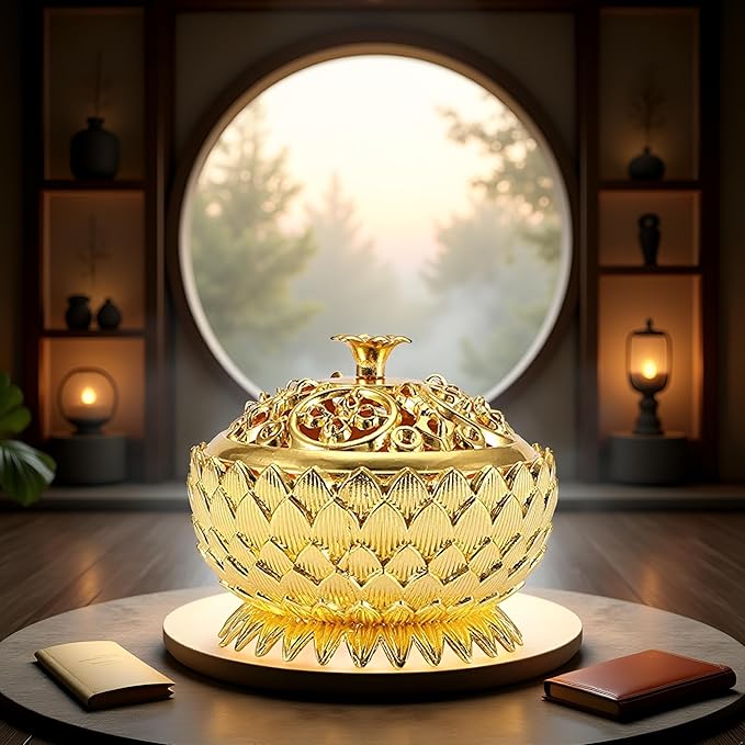 Pssopp Metal Incense, Vintage Lotus Zinc Alloy Incense Holder Sandalwood for Home Decoration Meditation(Gold)