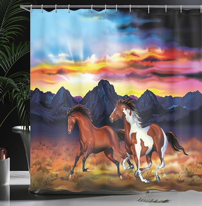 Ambesonne Western Shower Curtain, Running Wild Horses at Sunset Rustic Landscape Colorful Sky Illustration, Cloth Fabric Bathroom Decor Set with Hooks, 69" W x 75" L, Brown Blue