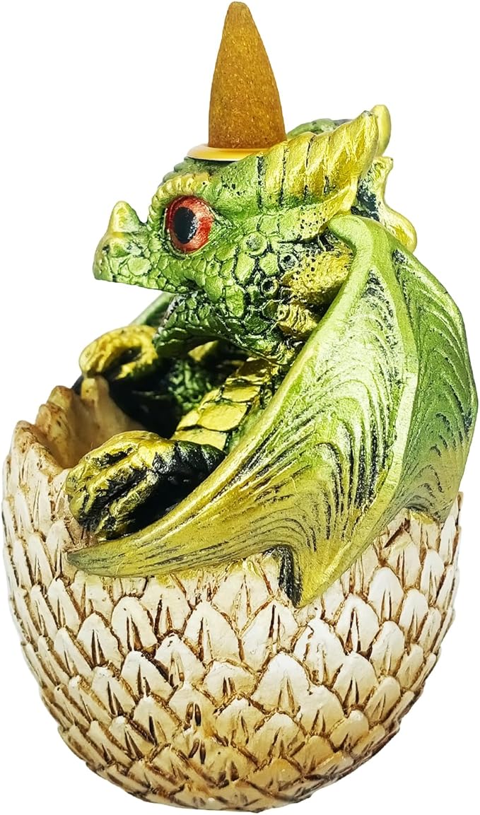 Fantasy Gifts Green Dragon in Egg Backflow Incense Burner 3.5 x 3 x 4.25 Inch | Hand Painted Cold Cast Resin Fountain | Mystical Home Décor & Aromatherapy Gift for Meditation and Relaxation