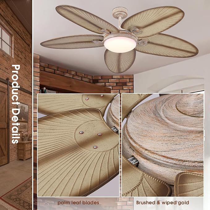 62"Large Unique Tropical Style Palm Leaf Ceiling Fans with Lights & Remote | Super Large Airflow with 6 Wind Speeds,Reversible,3 LED Light Colors,50W Quiet DC Motor,4H Timer,Suits for Living Room Patio