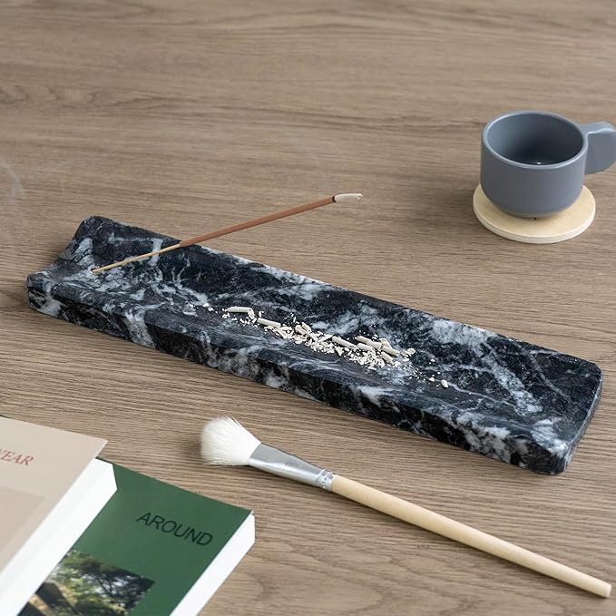 Marble Incense Holder Burner-Natural Stone Stick Incense Tray with Ash Catcher，20 Sticks & Brush - Elegant Decor for Meditation, Yoga, Home,Gift (Black)