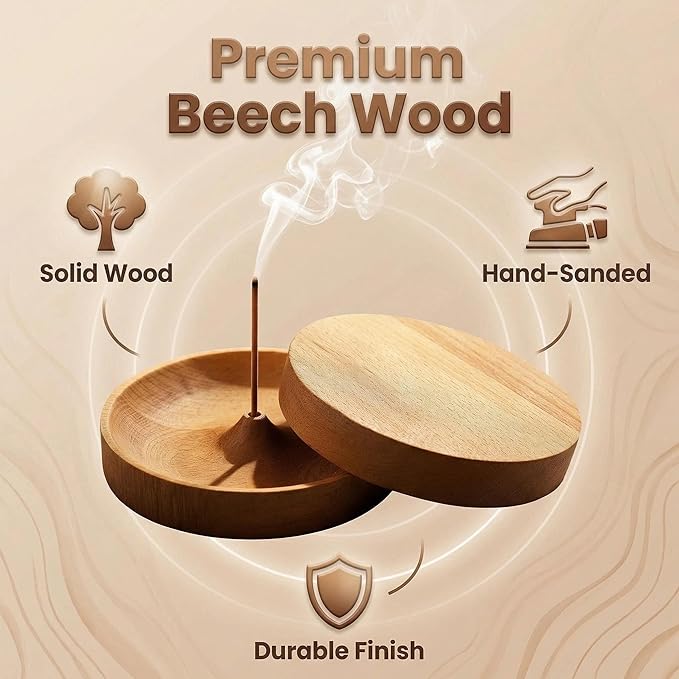 2 Pack Handmade Unpainted Solid Wood Incense Holder with Lid, Windproof Round Stick Incense Burner Ash Catcher, Portable Smooth Minimalist Incense Tray for Home Bedroom Office Yoga Camping Travel