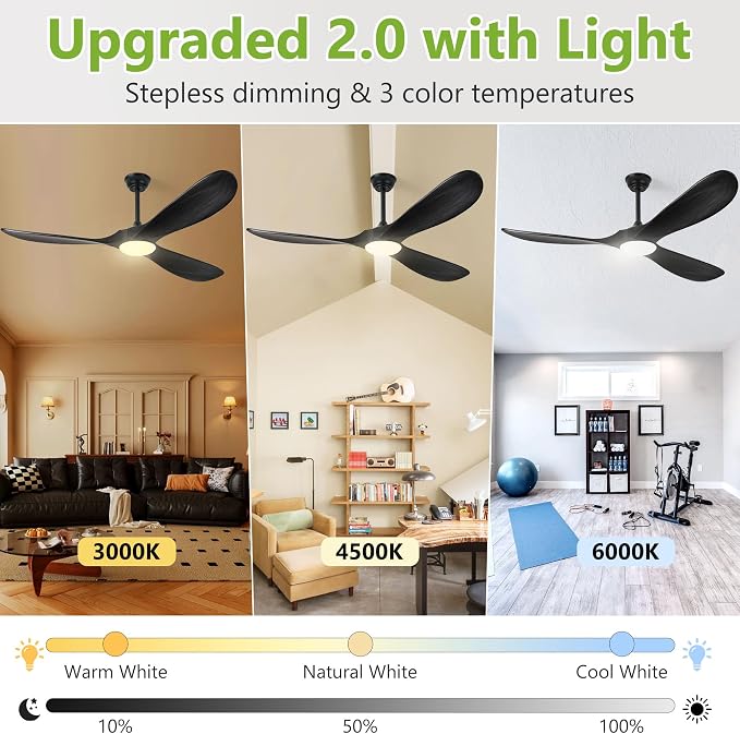 Haipeel Ceiling Fans with Lights, 60 Inch Solid Wood Black Ceiling Fans with Lights and Remote Control for Outdoor Ceiling Fan with Light Propeller for Porch Farmhouse, DC ETL Listed, Matte Black