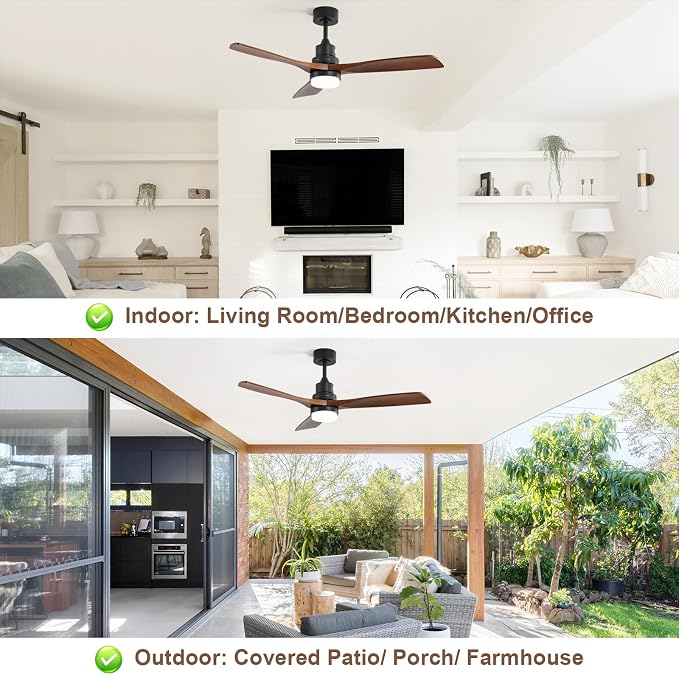 Sofucor Smart Ceiling Fan with Light, 52 Inch Solid Wood Ceiling Fans with Lights and Remote,Work with Alexa/Google, Low Profile Indoor/Outdoor Ceiling Fan, Quiet DC Motor, for Bedroom Patio Farmhouse