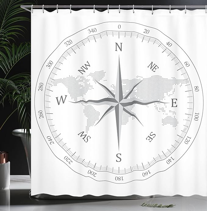 Ambesonne Compass Shower Curtain, Compass Illustration World Map Maritime Seaman Life Equipment Monochromic Artwork, Cloth Fabric Bathroom Decor Set with Hooks, 69" W x 70" L, White Gray