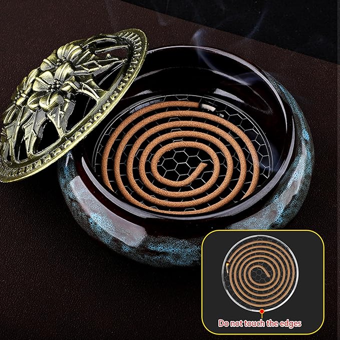 Ceramic Incense Burner Holder Set – 9 Hole Incense Stick Holder with Coil Incense Holder & Burner Tray – Multi-Function Censer for Cones, Coil Incense, and Stick Incense (Fambe Blue)