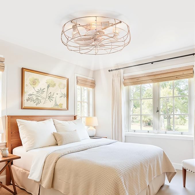 LEDIARY 23" Large Caged Ceiling Fans with Lights, White Flush Mount Low Profile Ceiling Fan with Remote, Modern Farmhouse Industrial Ceiling Fan with Light for Bedroom, Kitchen, Dining Room, Indoor