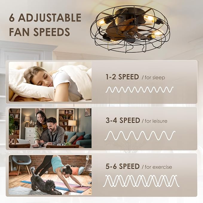 ZYD Caged Ceiling Fan with Light, 19" Caged Industrial Ceiling Fans with Lights and Remote Flush Mount, Small Farmhouse Ceiling Fan with Light Low Profile 6 Speed Reversible with Timing - Black