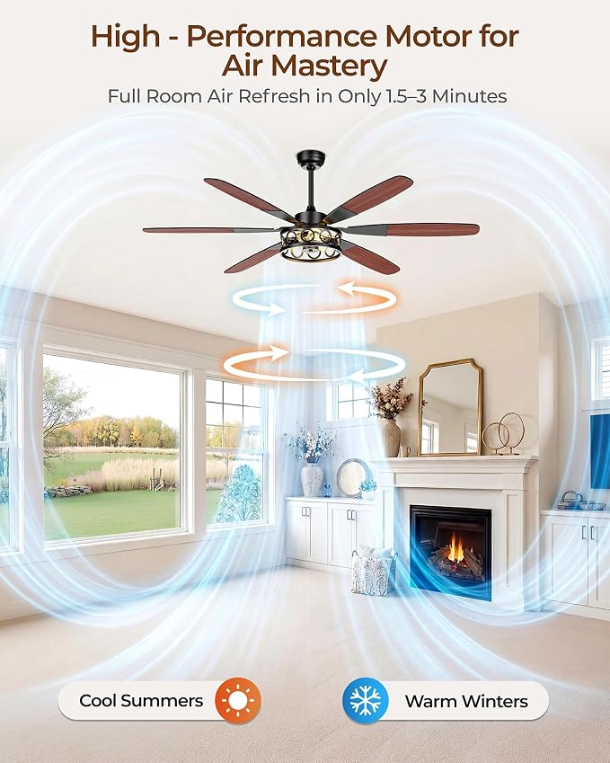 Ceiling Fans with Lights and Remote, 62'' Vintage Caged Ceiling Fan with Light, 6 Blades, 6+1 Speed, Flush Mount Ceiling Fan Whisper-quiet for Farmhouse, Living Room, Kitchen and Porch (62 Inch)