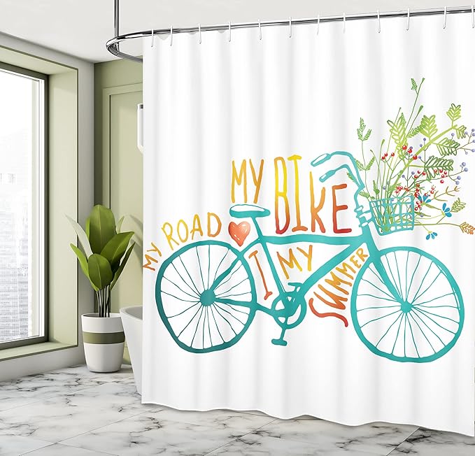 Ambesonne Bicycle Shower Curtain, Vintage Summer Bike a Floral Bouquet Vehicle for Transport Illustration, Cloth Fabric Bathroom Decor Set with Hooks, 69" W x 70" L, Turquoise Yellow