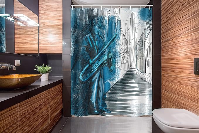 Ambesonne Music Stall Shower Curtain, Saxophone Man Playing Solo in The Street at Night Vibes Contemporary Graphic Design of Artwork, Fabric Bathroom Decor Set with Hooks, 54" W x 78" L, Blue White