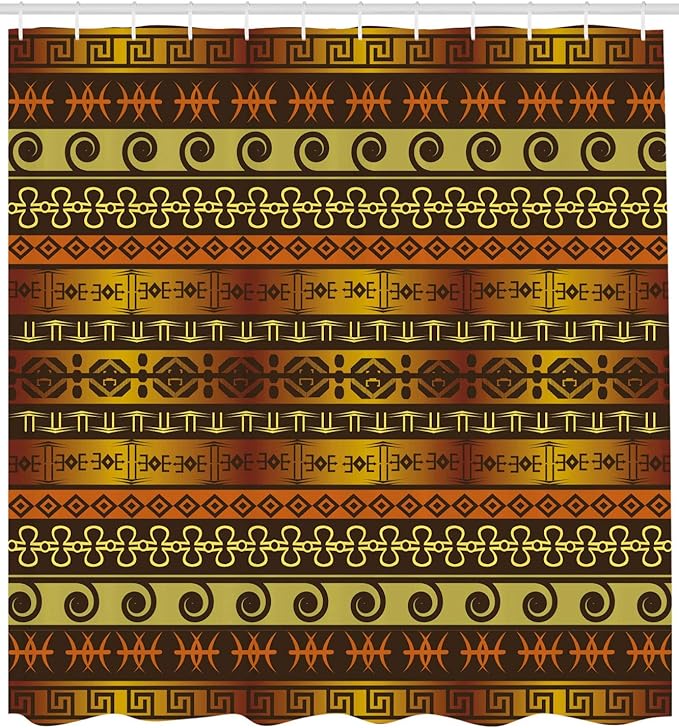 Ambesonne Prehistoric Shower Curtain, Indigenous Geometric Motifs Ornament Traditional Tribal, Cloth Fabric Bathroom Decor Set with Hooks, 69" W x 84" L, Brown Yellow Pale Orange