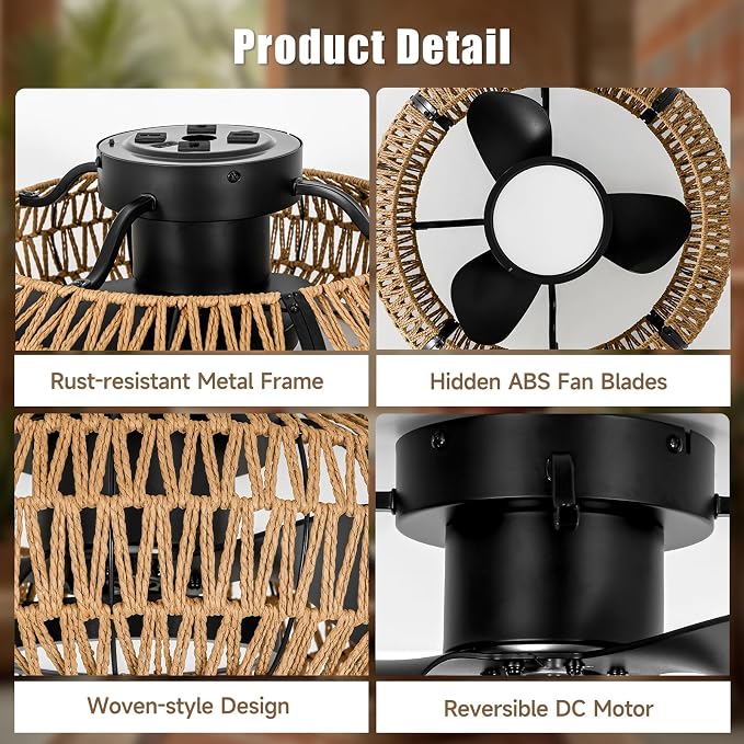 ocioc 20" Caged Ceiling Fans with Lights and Remote,Fandelier Ceiling Fan with Light,Flush Mount Low Profile,Bladeless,Quiet Reversible DC Motor,Boho Rattan Ceiling Fan for Bedroom