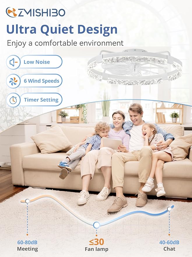 ZMISHIBO 24 Inch Flush Mount Ceiling Fan with Light, Bladeless Low Profile Enclosed Fan for Bedroom Kids Room, 6 Speeds Reversible DC Motor, 3CCT Dimmable Smart App Control