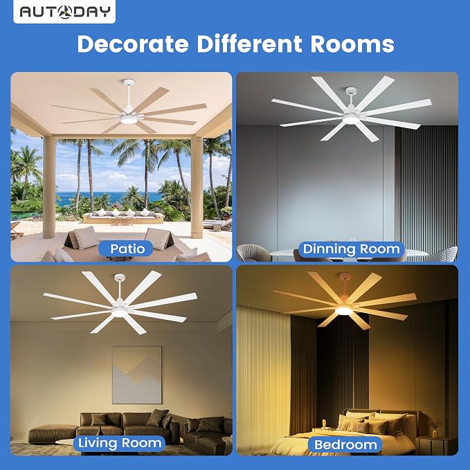 Large Ceiling Fans with Lights and Remote - 72 Inch White Ceiling Fan with Light, Quiet DC Motor, 3 CCT,Modern Dimmable LED Lighting & Large Ceiling Fans for Living Room Patio, Indoor/Outdoor
