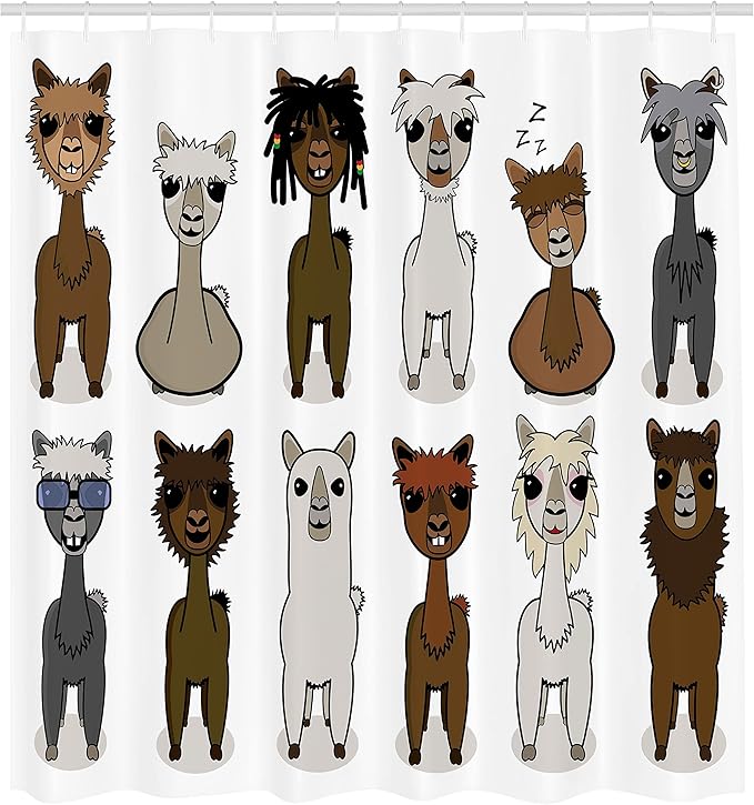 Ambesonne Cartoon Shower Curtain, Charismatic Alpacas with Different Hairs Animal Fiction Comic Artwork, Cloth Fabric Bathroom Decor Set with Hooks, 69" W x 70" L, Brown Grey