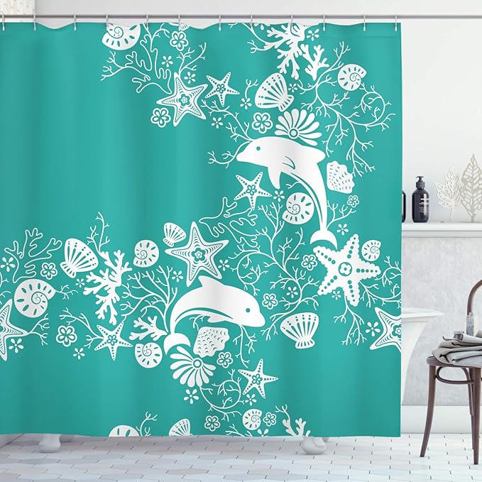 Ambesonne Sea Animals Shower Curtain, Dolphins Flowers Sea Floral Pattern Starfish Coral Seashell Composition, Cloth Fabric Bathroom Decor Set with Hooks, 69" W x 84" L, Sea Green White