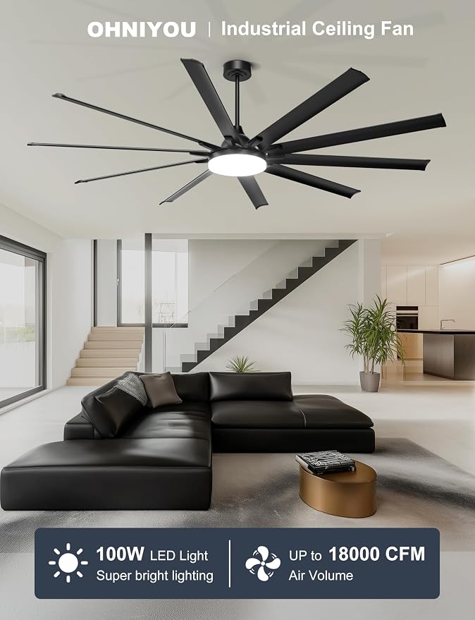 Ohniyou 96" Industrial Ceiling Fan with Bright Lights, High CFM Shop Fan | Remote/App Control, 10 Aluminum Blades, Extra Large Metal Fan for Covered Patio, Gym, Warehouse, Black