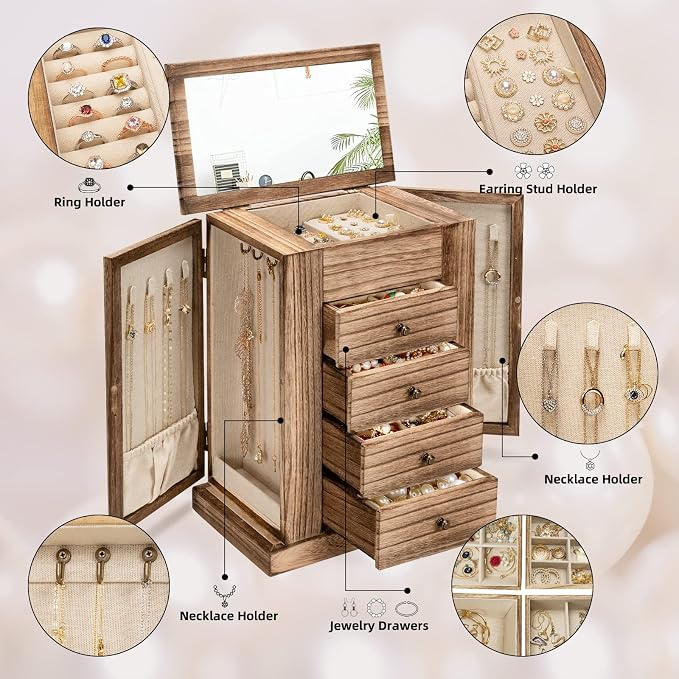 Emfogo Jewelry Box for Women, 5 Layer Large Wood Boxes & Organizers for Necklaces Earrings Rings Bracelets, Rustic Organizer with Drawers and Mirror(Carbonized Black)